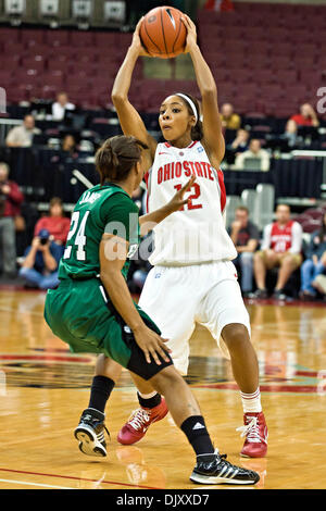 Nov. 14, 2010 - Columbus, Ohio, United States of America - Ohio State University's Senior Guard Alison Jackson (#12) and Eastern Michigan University's Junior Guard Tavelyn James (#24) in the first period of play at the Value City Arena at The Jerome Schottenstein Center in Columbus, Ohio Sunday afternoon November 14, 2010. The Buckeyes defeated the Eagles 74-62. (Credit Image: © Ja Stock Photo