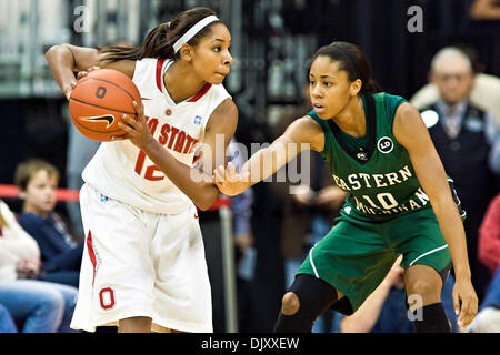 Nov. 14, 2010 - Columbus, Ohio, United States of America - Ohio State University's Senior Guard Alison Jackson (#12) and Eastern Michigan University's Freshman Guard/Forward Natachia Watkins (#10) in the second period of play at the Value City Arena at The Jerome Schottenstein Center in Columbus, Ohio Sunday afternoon November 14, 2010.   The Lady Buckeyes have been ranked in the A Stock Photo