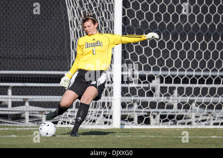 Nov. 14, 2010 - South Bend, Indiana, United States of America - Notre Dame goalkeeper Nikki Weiss (#1) kicks the ball during NCAA Second Round women's soccer match between USC and Notre Dame.  The Notre Dame Fighting Irish defeated the USC Trojans 4-0 in game at Alumni Stadium in South Bend, Indiana. (Credit Image: © John Mersits/Southcreek Global/ZUMApress.com) Stock Photo