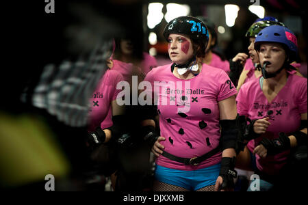 Nov. 14, 2010 - Los Angeles, California, USA -  The Baby Doll Brawl between the Karma Chameleons and the Church of the Poison Mind at the Doll Factory, headquarters and training facility for the L.A. Derby Dolls' 5-team, all female, banked track roller derby league.(Credit Image: © Brian Cahn/ZUMApress.com) Stock Photo