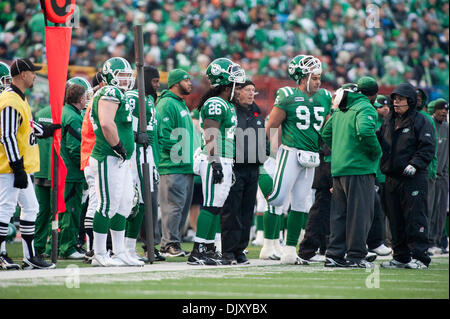 Nov. 14, 2010 - Regina, Saskatchewan, Canada - The Saskatchewan Roughriders bench during the Saskatchewan RoughrIders vs B.C. Lions CFL Western Semi Final game at Mosaic Stadium in Regina. The Saskatchewan Roughriders defeated the B.C. Lions 41-38 in overtime. (Credit Image: © Derek Mortensen/Southcreek Global/ZUMApress.com) Stock Photo