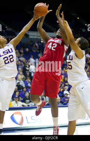 Nov. 17, 2010 - Baton Rouge, Louisiana, United States of America - 16 November 2010; Ohio State Buckeyes at LSU Tigers, LSU forward Courtney Jones (22) blocks a shot by Ohio St. center Jantel Lavender (42); Ohio State won the game 59-54; Baton Rouge Louisiana (Credit Image: © John Korduner/Southcreek Global/ZUMAPRESS.com) Stock Photo