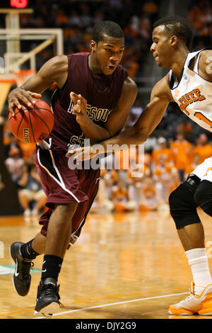 Nov. 17, 2010 - Knoxville, Tennessee, United States of America - Missouri State guard Jermaine Mallett (#15) drives to the basket as Tennessee forward Renaldo Woolridge (#0) defends.  Tennessee defeats Missouri State 60-56 at Thompson Boling arena in Knoxville, TN (Credit Image: © Mitch Jones/Southcreek Global/ZUMApress.com) Stock Photo