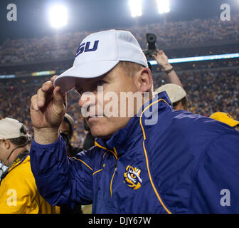 Nov. 20, 2010 - Baton Rouge, Louisiana, United States of America - LSU Tigers head coach celebrates the win over  win over Mississippi Rebels during the second half of the football game. LSU Tigers defeated Mississippi Rebels 43-36. (Credit Image: © Gus Escanelle/Southcreek Global/ZUMAPRESS.com) Stock Photo