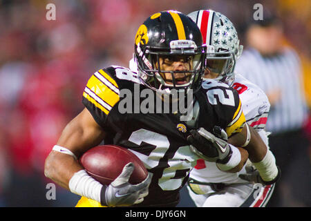 Nov. 20, 2010 - Iowa City, Iowa, United States of America - Iowa Hawkeyes cornerback Shaun Prater (28) battles with Ohio State Buckeyes wide receiver DeVier Posey (8) after his interception late in the 4th quarter in an NCAA Football game between the Iowa Hawkeyes and the Ohio State Buckeyes  on Nov, 20, 2010 at Kinnick Stadium in Iowa, City, Ia (Credit Image: © Louis Brems/Southcr Stock Photo