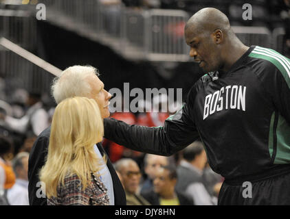 Nov. 22, 2010 - Atlanta, Georgia, U.S. - Boston Celtics center SHAQUILLE O'NEAL (#36) speaks with CNN founder TED TURNER before playing the Atlanta Hawks in the first half at Philips Arena. The Celtics defeated the Hawks 99-76. (Credit Image: © Erik Lesser/ZUMAPRESS.com) Stock Photo