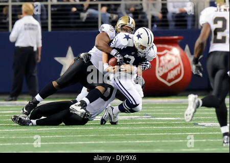 Nov. 25, 2010 - Arlington, Texas, United States of America - Dallas Cowboys quarterback Jon Kitna (3) is sacked by New Orleans Saints linebacker Jonathan Vilma (51) as the New Orleans Saints come back to defeat the Dallas Cowboys 30-27 at Cowboys Stadium in Arlington, Texas. (Credit Image: © Steven Leija/Southcreek Global/ZUMAPRESS.com) Stock Photo