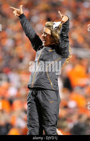 Nov. 27, 2010 - Stillwater, Oklahoma, United States of America - Cheerleader during game action.  Oklahoma defeats Oklahoma State at the Battle of Bedlam with a score of  47-41 in the game at Boones Pickens Stadium. (Credit Image: © Spruce Derden/Southcreek Global/ZUMAPRESS.com) Stock Photo