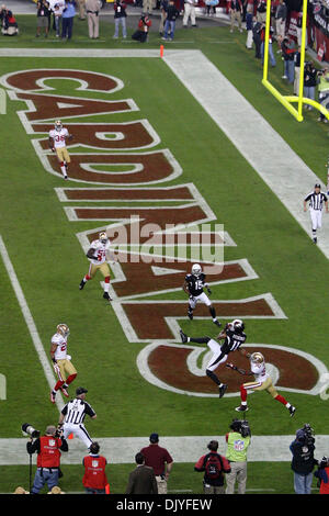 Nov. 30, 2010 - Glendale, Arizona, United States of America - Arizona Cardinals wide receiver Larry Fitzgerald (#11) jumps in the air to catch a pass during a game against the San Francisco 49ers at University of Phoenix Stadium in Glendale, Arizona.  The 49ers defeated the Cardinals 27-6. (Credit Image: © Gene Lower/Southcreek Global/ZUMAPRESS.com) Stock Photo