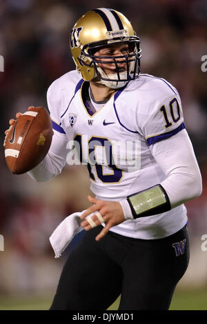 Dec. 4, 2010 - Pullman, Washington, United States of America - Washington Huskies quarterback Jake Locker (10) had a total 226 passing yards with 2 touchdowns during the game between Washington State and the University of Washington at Martin Stadium in Pullman, WA. Washington defeated Washington State 35-28. (Credit Image: © Steven Bisig/Southcreek Global/ZUMAPRESS.com) Stock Photo