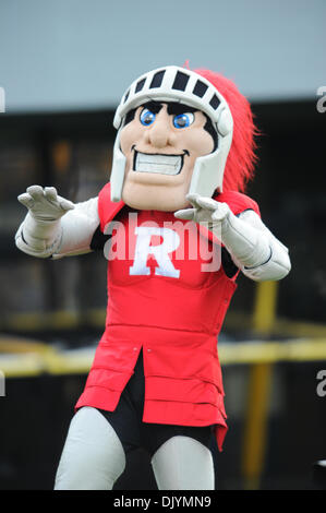 Dec. 4, 2010 - Morgantown, West Virginia, United States of America - The Rutgers mascot tries to fire up the Scarlet Knight fans during a cold afternoon at Mountaineer field Saturday. West Virginia defeated Rutgers by a score of 35-14. (Credit Image: © Brian Freed/Southcreek Global/ZUMAPRESS.com) Stock Photo