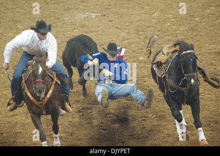 Dec. 5, 2010 - Las Vegas, Nevada, United States of America - Steer wrestler Dane Hanna of Berthold, ND put up a time of 4.30 during the fourth go-round at the 2010 Wrangler National Finals Rodeo at the Thomas & Mack Center. (Credit Image: © Matt Cohen/Southcreek Global/ZUMAPRESS.com) Stock Photo