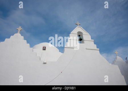 Greece, Cyclades group of islands, Mykonos, Hora. Typical whitewashed church rooftop showing traditional Cycladic architecture. Stock Photo
