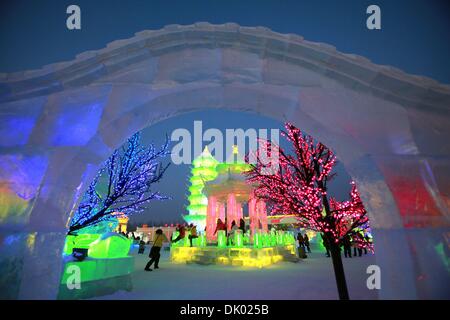 Harbin, HEILONGJIANG PROVINCE, CHINA, . 5th Jan, 2013. The 14th Harbin Ice and Snow Festival, touted as the world's biggest ice and snow festival, opens in Harbin, the capital of the China's northern Heilongjiang Province near Russia, January 5, 2013. As the festival grows in international attention, in sheer size and as China's economy grows, the size and amount of it's ice sculptures increase each year. © Stephen Shaver/ZUMAPRESS.com/Alamy Live News Stock Photo