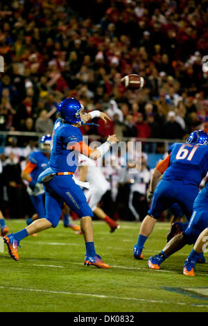 Dec. 22, 2010 - Las Vegas, Nevada, U.S - Boise State Broncos QB Kellen Moore (#11) throws long to score their first touchdown of the game during first half action of the 2010 MAACO Bowl Las Vegas at Sam Boyd Stadium in Las Vegas, Nevada.  The Boise State Broncos lead the Utah Utes 16 to 3 after the first half of play. (Credit Image: © Matt Gdowski/Southcreek Global/ZUMAPRESS.com) Stock Photo