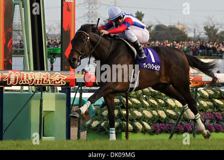 Dec. 26, 2010 - Chiba, Japan - Jockey MIRCO DEMURO aboard Victoire Pisa crosses the finishing line in the first place during the 55th Arima Memorial at Nakayama racecourse on December 26, 2010 in Funabashi, Japan. (Credit Image: © Shugo Takemi/Jana Press/ZUMAPRESS.com) Stock Photo