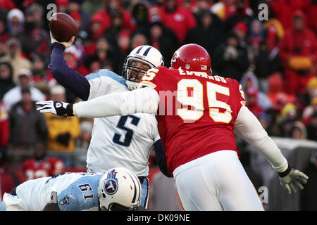 Dec. 26, 2010 - Kansas City, Missouri, United States of America - Tennessee Titans quarterback Kerry Collins (5) throws under pressure from Kansas City Chiefs defensive tackle Ron Edwards (95) during second half action. The Kansas City Chiefs defeat the Tennessee Titans  34-14 in the game at Arrowhead Stadium. (Credit Image: © Jacob Paulsen/Southcreek Global/ZUMAPRESS.com) Stock Photo