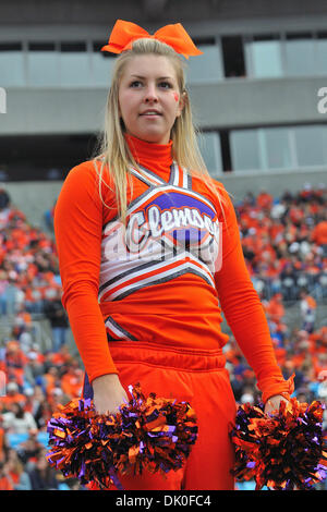 Dec. 31, 2010 - Charlotte, North Carolina, USA - A Clemson cheerleader watches her Tigers during second quarter action against USF.  South Florida defeats Clemson 31-26 in the Meineke Car Care Bowl at Bank of America Stadium in Charlotte, North Carolina. (Credit Image: © Tim Cowie/Southcreek Global/ZUMAPRESS.com) Stock Photo