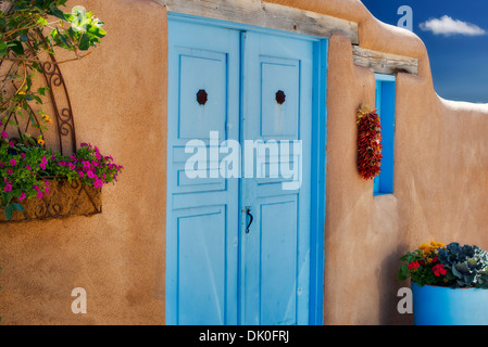 Colorful door and flowers. Taos, New Mexico Stock Photo