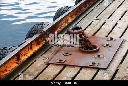 Mooring equipment on wooden pier in Norway Sea Stock Photo