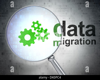 Data concept: Gears and Data Migration with optical glass Stock Photo ...