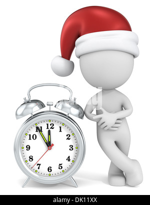 Christmas time. Dude the Santa Claus pointing at clock at 5 to 12. Stock Photo