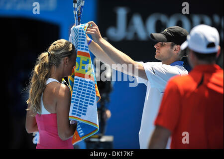 Jan. 16, 2011 - Melbourne, Australia - ANDY RODDICK and VICTORIA AZARENKA play up for the crowd at the Rally For Relief charity exhibition match by top players of the 2011 Australian Open at Melbourne Park. (Credit Image: © Sydney Low/Southcreek Global/ZUMAPRESS.com) Stock Photo