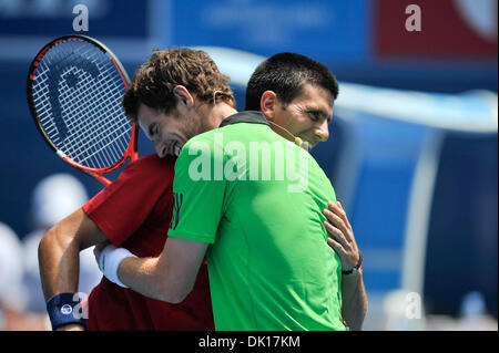 Jan. 16, 2011 - Melbourne, Victoria, Australia - Novak Djokovic and Andy Murray play up for the crowd at the Rally For Relief charity exhibition match by top players of the 2011 Australian Open at Melbourne Park. (Credit Image: © Sydney Low/Southcreek Global/ZUMAPRESS.com) Stock Photo