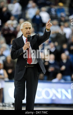 Jan. 17, 2011 - Storrs, Connecticut, United States of America - New UConn football head coach Paul Pasqualoni addresses the crowd during a timeout at the Villanova and Connecticut men's basketball game. Villanova leads Connecticut  22 - 21 at Gampel Pavilion. (Credit Image: © Geoff Bolte/Southcreek Global/ZUMAPRESS.com) Stock Photo