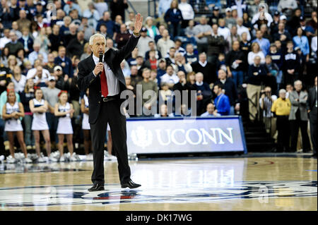 Jan. 17, 2011 - Storrs, Connecticut, United States of America - New UConn football head coach Paul Pasqualoni addresses the crowd during a timeout at the Villanova and Connecticut men's basketball game. Villanova leads Connecticut  22 - 21 at Gampel Pavilion. (Credit Image: © Geoff Bolte/Southcreek Global/ZUMAPRESS.com) Stock Photo