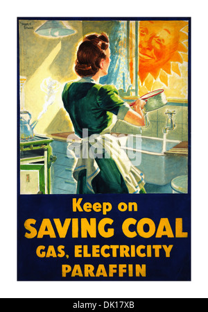 Vintage 1940’s World War II UK Fuel Economy appeal ‘Keep on saving coal gas electricity paraffin housewife at kitchen sink 1939 WW2 propaganda poster Stock Photo