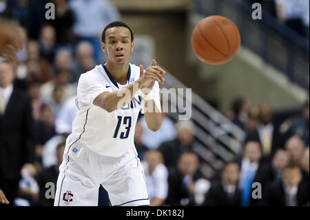 Jan. 17, 2011 - Storrs, Connecticut, United States of America - Connecticut G Shabazz Napier (13) makes a pass. Connecticut defeats Villanova  61 - 59 at Gampel Pavilion. (Credit Image: © Geoff Bolte/Southcreek Global/ZUMAPRESS.com) Stock Photo