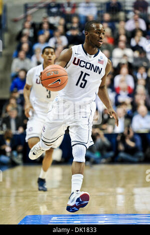 Jan. 17, 2011 - Storrs, Connecticut, United States of America - Connecticut G Kemba Walker (15) brings the ball up the court. Connecticut defeats Villanova  61 - 59 at Gampel Pavilion. (Credit Image: © Geoff Bolte/Southcreek Global/ZUMAPRESS.com) Stock Photo