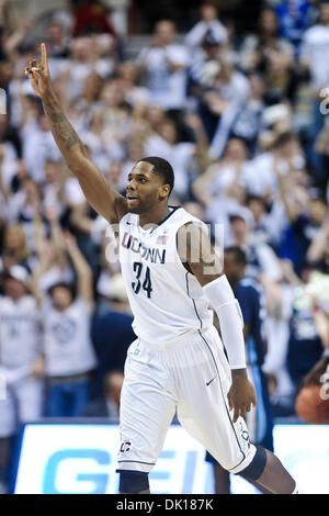 Jan. 17, 2011 - Storrs, Connecticut, U.S. - Connecticut's ALEX ORIAKHI (34) celebrates the 61 - 59 win over Big East rival Villanova at Gampel Pavilion. (Credit Image: © Geoff Bolte/Southcreek Global/ZUMAPRESS.com) Stock Photo