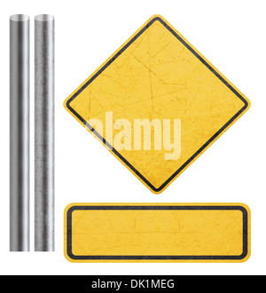 Blank Yellow Sign with metal bar, isolated in white with clipping path. Stock Photo