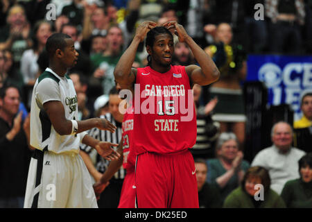 Feb. 2, 2011 - Ft Collins, Colorado, United States of America - Aztecs Forward Kawhi Leonard (15) in a state of disbelief after being ruled out of bounds late in the second half. The San Diego State Aztecs defeated the Colorado State Rams 56-54 in a conference matchup at Moby Arena. (Credit Image: © Andrew Fielding/Southcreek Global/ZUMAPRESS.com) Stock Photo
