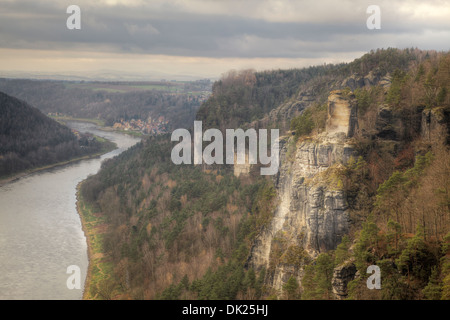 view from the Bastei over the Elbe River, Sächsische Schweiz National Park, Saxony, Germany Stock Photo