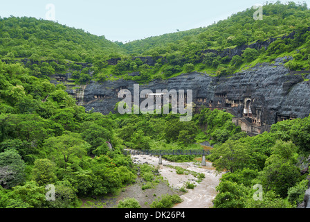 General-View from East. Cave Nos. 7 to 20 & cave 29 on the extreme left top. Ajanta Caves, Aurangabad, Maharashtra, India Stock Photo