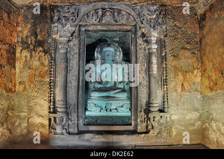 Cave No 6 Lower: Sanctum: Buddha in shrine seated in Padmasana - Close up Ajanta Caves, Aurangabad, Maharashtra, India Stock Photo
