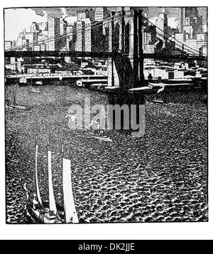 wood engraving by P. Rusicka of Brooklyn bridge Stock Photo