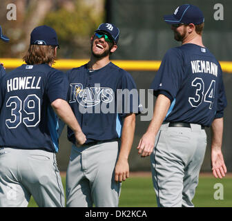 Feb. 16, 2011 - Port Charlotte, FL, USA - JAMES BORCHUCK  |   Times.OT 334502 BORC rays (02/16/11) (Port Charlotte, FL) James Shields laughs with J.P. Howell and Neff Niemann during the first day of spring training Wednesday morning.   [JAMES BORCHUCK, Times] (Credit Image: © St. Petersburg Times/ZUMAPRESS.com) Stock Photo