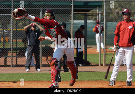 Feb. 16, 2011 - St. Petersburg, FL, USA - SP 334475 KEEL SPBASE.SCOTT KEELER (02/16/2011 ST. PETERSBURG) 1. Catcher Kwitae Kang, #24, left, of the South Korea Nexen Heroes, makes a stop on a ball thrown wide of home plate during practice, Wednesday at Walter Fuller Park, St. Petersburg.  Coach Wonki Hong, right, looks on. The Nexen Heroes are practicing for the upcoming St. Petersr Stock Photo