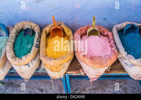 Color pigments in the blue medina of Chefchaouen, Morocco Stock Photo