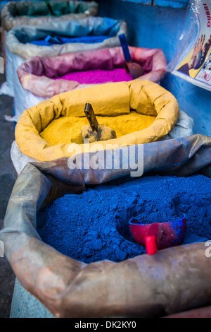 Color pigments in the blue medina of Chefchaouen, Morocco Stock Photo