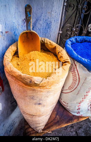 Color pigments in the blue medina of Chefchaouen, Morocco Stock Photo