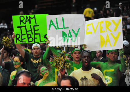 Feb. 19, 2011 - Fort Collins, Colorado, United States of America - Rams fans hold up signs saying ''Ram the Rebels''. The UNLV Runnin' Rebels defeated the Colorado State Rams by a score of 68-61in a Mountain West conference matchup at Moby Arena. (Credit Image: © Andrew Fielding/Southcreek Global/ZUMAPRESS.com) Stock Photo