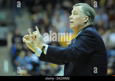 Feb. 20, 2011 - Berkeley, California, U.S - Cal head coach Mike Montgomery directs his team during the NCAA basketball game between the UCLA Bruins and the California Golden Bears at Haas Pavilion. Cal held off UCLA 76-72 in overtime. (Credit Image: © Matt Cohen/Southcreek Global/ZUMAPRESS.com)