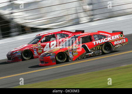 Feb. 20, 2011 - Daytona Beach, Florida, United States of America - Juan Pablo Montoya, driver of the #42 Target Chevrolet, leads teammate Jamie McMurray, driver of the #1 Bass Pro Shops Chevrolet, during the Daytona 500 at Daytona International Speedway in Daytona Beach, Fl. (Credit Image: © David Roseblum/Southcreek Global/ZUMAPRESS.com) Stock Photo