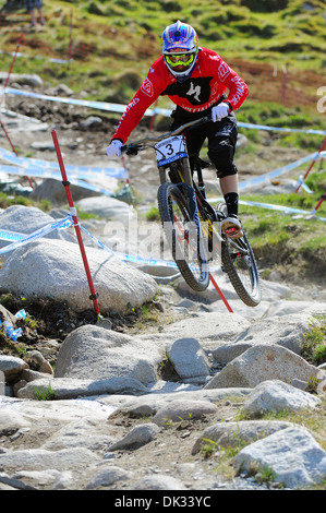 American mountain biker Aaron Gwin competes in the UCI Mountain Bike World Cup in Fort William, Scotland. Stock Photo