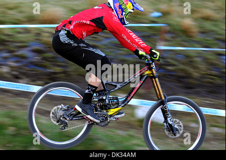 American mountain biker Aaron Gwin competes in the UCI Mountain Bike World Cup in Fort William, Scotland. Stock Photo